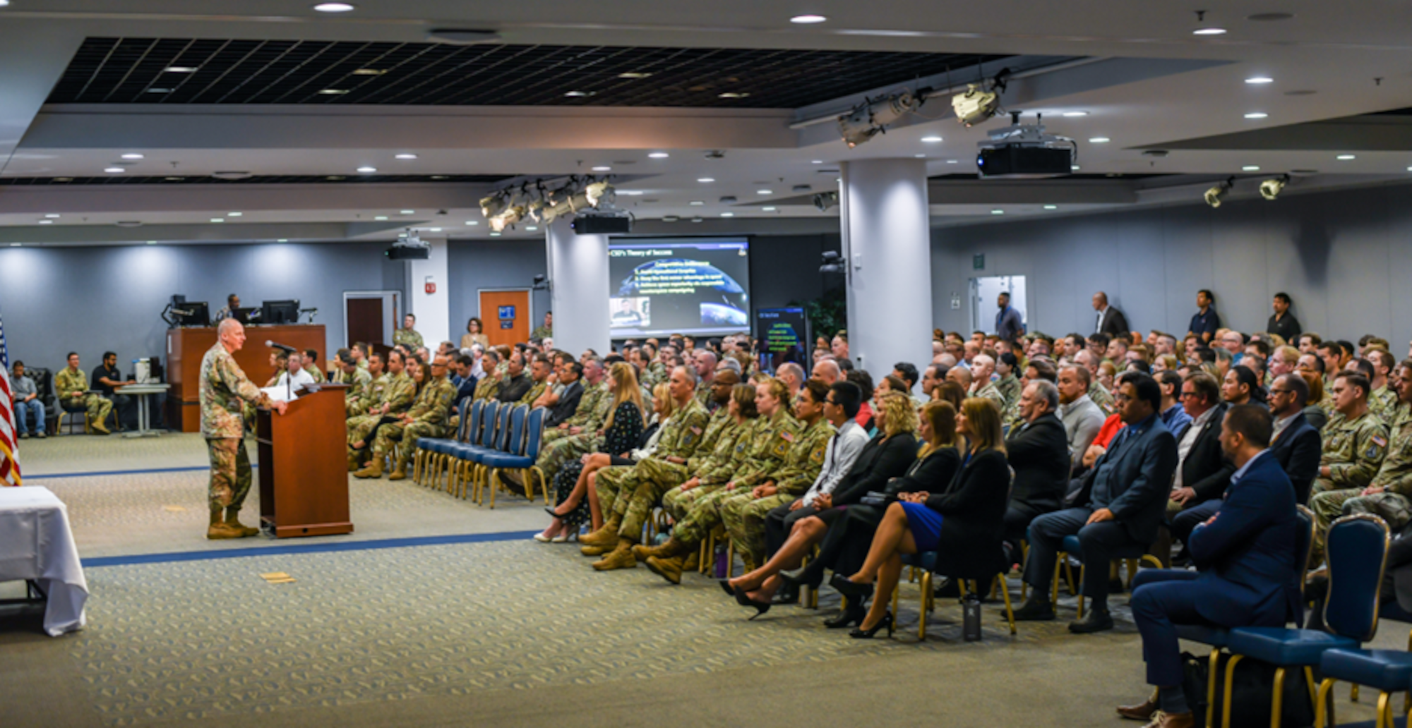 Lt. Gen. Michael Guetlein, Space Systems Command (SSC) commander, addresses a live and virtual audience of Guardians, Airmen, civilian, and contractor personnel during SSC’s second anniversary celebration from Los Angeles Air Force Base on August 14, 2023.