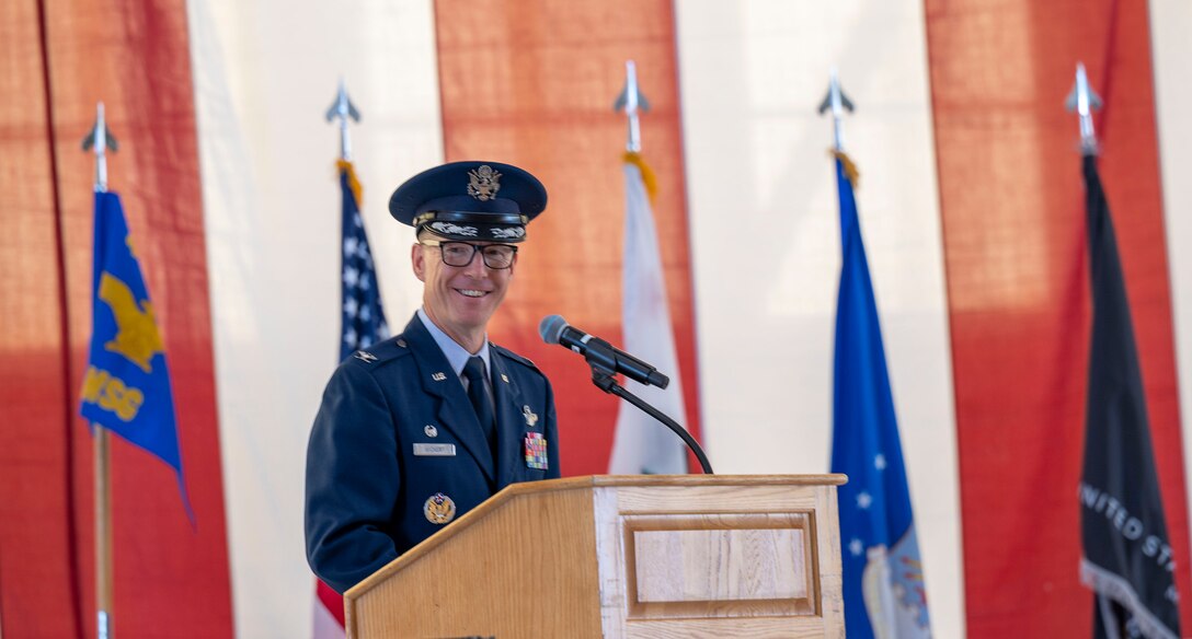 Col. Douglas Wickert, the incoming 412th Test Wing Commander, gives his remarks during the Wing’s Change of Command Ceremony at Edwards Air Force Base, California, Aug.18.
