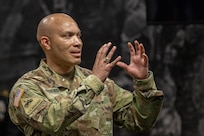 Sgt. Maj. Terry L. Anderson, Jr., Office of the Assistant Secretary of the Army for Financial Management and Comptroller senior enlisted advisor, provides encouraging words during an appointment ceremony for Command Sgt. Maj. John J. O’Connor, USAFMCOM Operations senior enlisted advisor, at the Maj. Gen. Emmett J. Bean Federal Center in Indianapolis Aug. 11, 2023. O’Connor was appointed to command sergeant major from sergeant major prior to his upcoming move to serve at the Warrior Transition Unit at Fort Belvoir, Virginia. (U.S. Army photo by Mark R. W. Orders-Woempner)