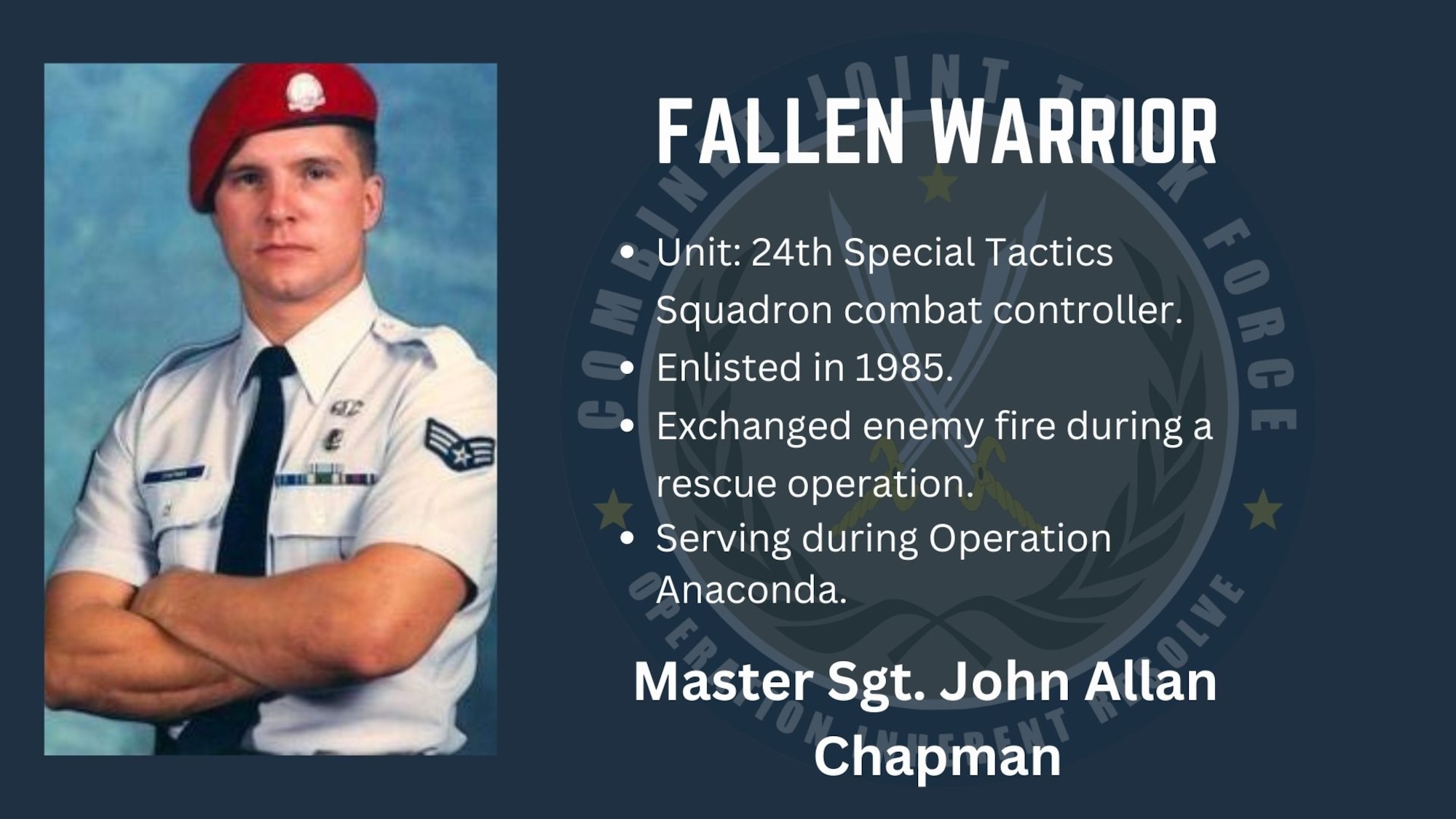 Courtesy graphic created to honor U.S. Air Force Master Sgt. John Chapman, 24th Special Tactics Squadron combat controller, for our Fallen Warrior series on Aug. 18, 2023.