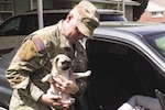 A soldier places his pet dog in  the car.