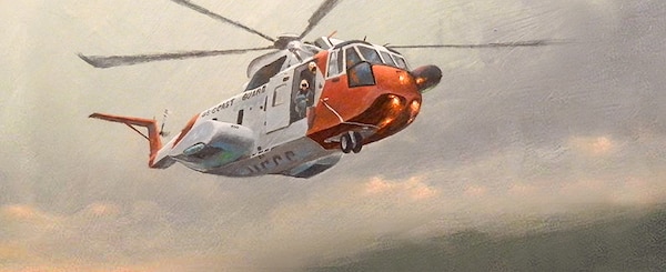 Painting by marine artist Bryan Snuffer of a Coast Guard HH3-F “Pelican” hovering in foul weather, a common occurrence in aviation SAR cases. (Photo courtesy the artist)