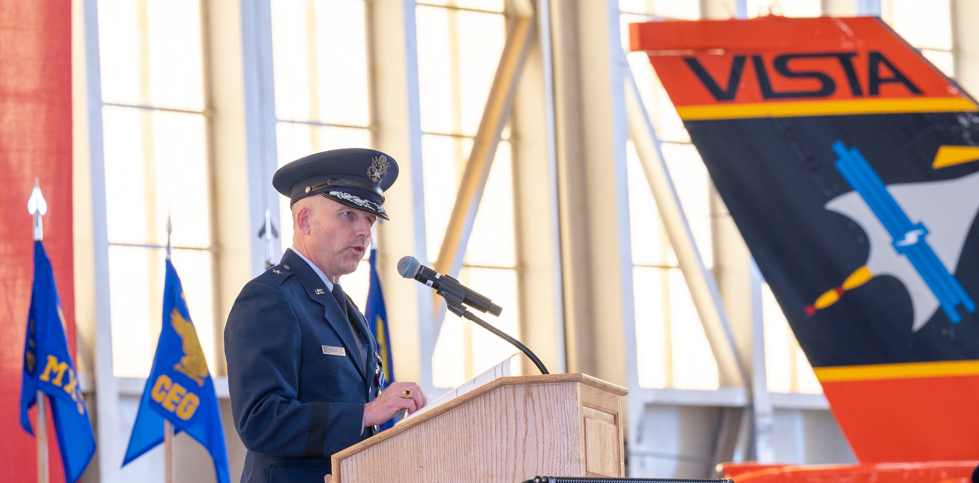 Brig. Gen. Matthew Higer, the outgoing 412th Test Wing commander, gives his remarks during the Wing’s Change of Command Ceremony at Edwards Air Force Base, California, Aug. 18.