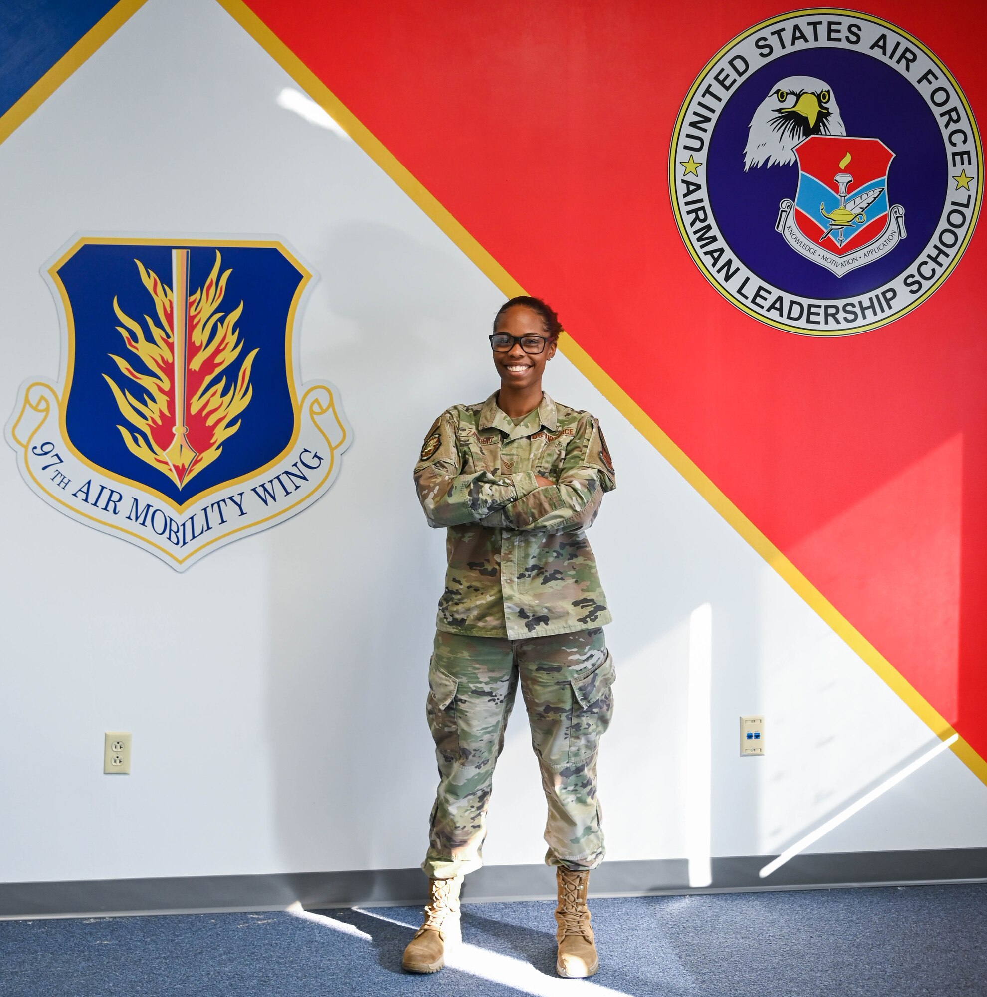 U.S. Air Force Staff Sgt. Whitney Zamudio, 97th Force Support Squadron Airman Leadership School instructor, poses for a photo at Altus Air Force Base, Oklahoma, Aug. 18, 2023. “Being in today’s Air Force as an ALS instructor has taught me to be resilient, flexible and inspirational. I am proud to represent women when teaching and guiding the next generation of leaders.” (U.S. Air Force photo by Airman 1st Class Miyah Gray)