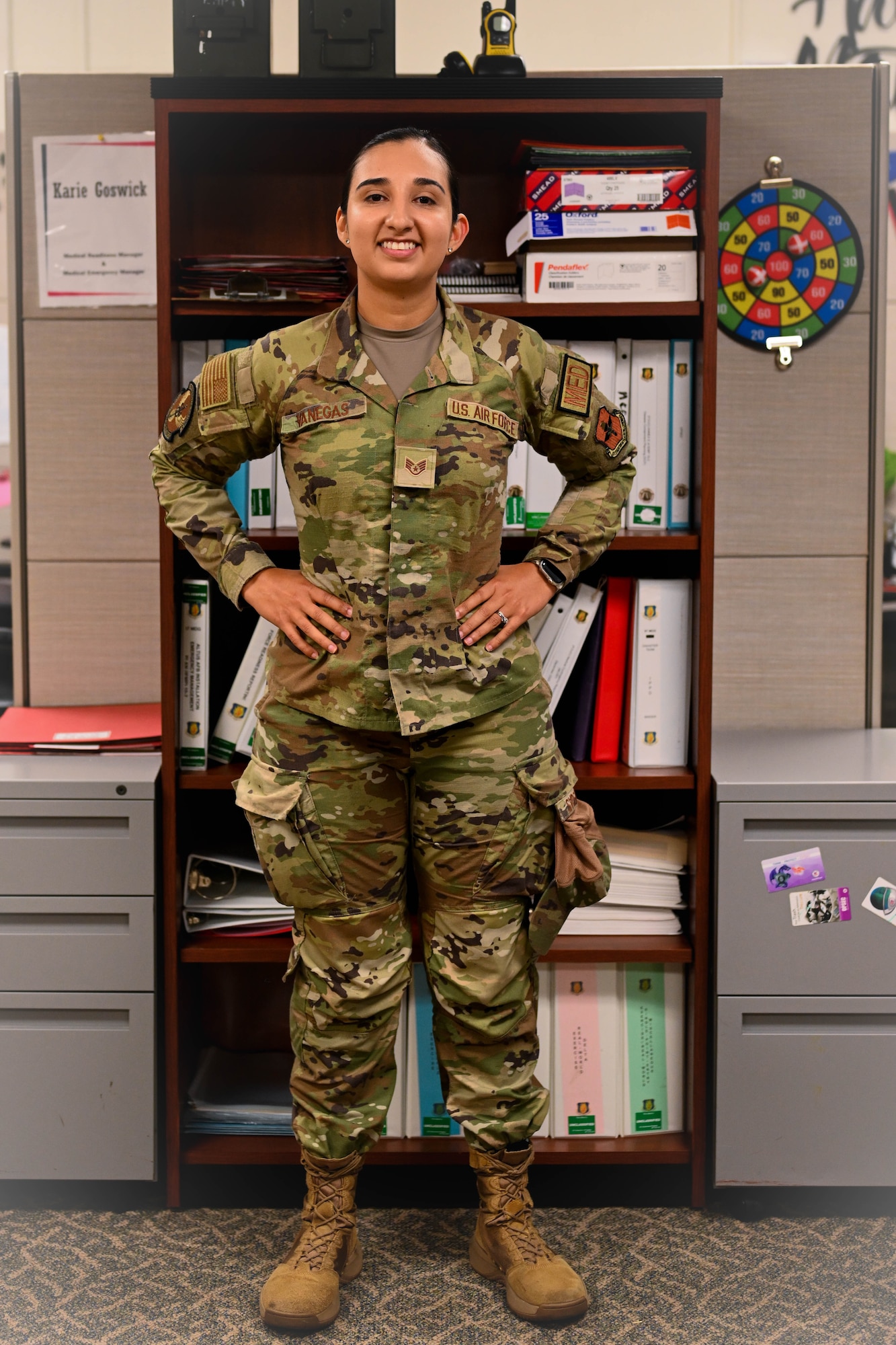 U.S. Air Force Staff Sgt. Nancy Venegas, 97th Medical Group noncommissioned officer in charge of medical readiness, poses for a photo at Altus Air Force Base, Oklahoma, Aug. 17, 2023. “We do the same jobs as men, we put in the same work and it’s important that we get treated the same.” (U.S. Air Force photo by Airman 1st Class Miyah Gray)