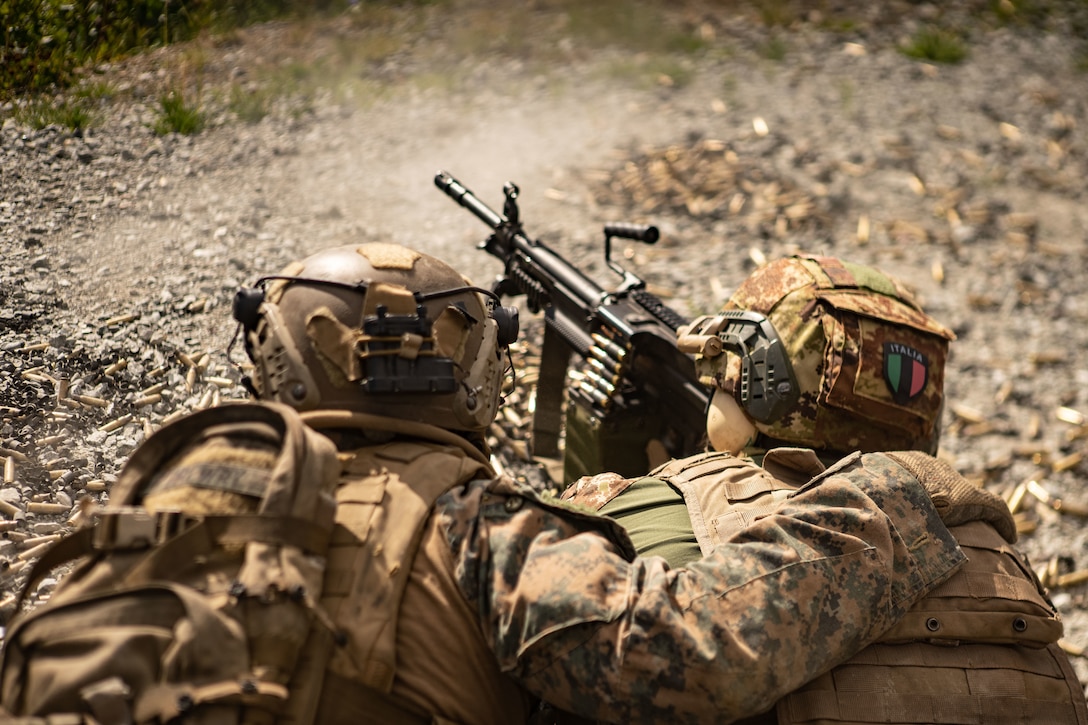 U.S. Marines with the Battalion Landing Team 1/6, 26th Marine Expeditionary Unit (Special Operations Capable) (MEU(SOC)) Bravo Command Element, and Italian Marines San Marco Brigade, participate in an integrated live-fire range as part of a Norwegian Bilateral Exercise in Setermoen, Norway, Aug. 9, 2023. The San Antonio-class amphibious transport dock ship USS Mesa Verde (LPD 19), assigned to the Bataan Amphibious Ready Group and embarked 26th MEU(SOC), under the command and control of Task Force 61/2, is on a scheduled deployment in the U.S. Naval Forces Europe area of operations, employed by U.S. Sixth Fleet to defend U.S., allied and partner interests. (U.S. Marine Corps photo by Cpl. Michele Clarke)