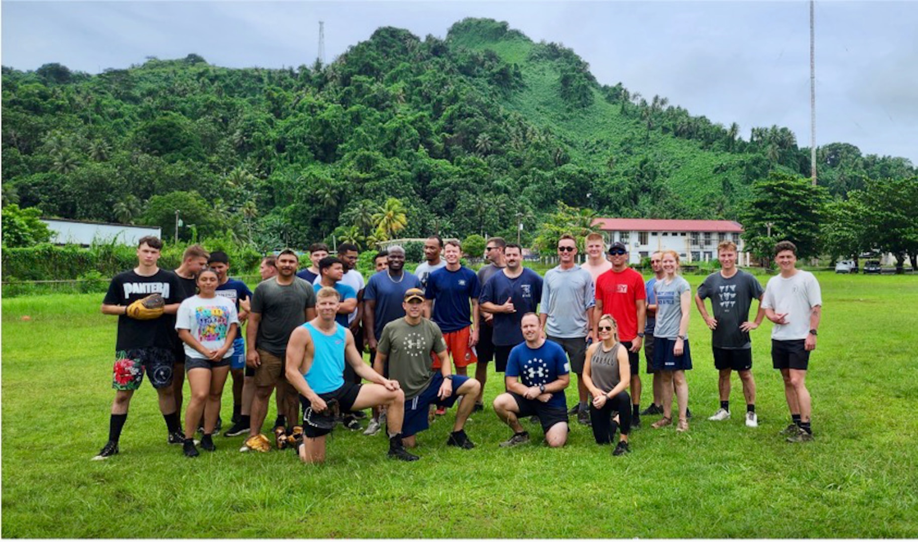 The crew of USCGC Frederick Hatch (WPC 1143) and the Marine Corps Detachment in Chuuk for Operation Koa Moana stand for a photo following a softball game in Chuuk, Federated States of Micronesia, on July 28, 2023, where the Frederick hatch crew own 10 to 6. The crew conducted a patrol in FSM in support of Operation Rematau. (U.S. Coast Guard photo)