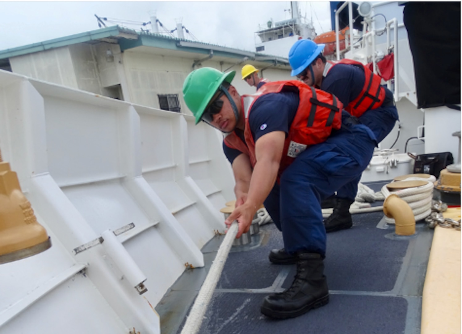 U.S. Coast Guard Academy 3rd Class Cadet San Nicolas handles lines aboard USCGC Frederick Hatch (WPC 1143) during mooring evolution in Pohnpei, Federated States of Micronesia, in late June 2023. The cutter crew conducted a patrol in support of Operation Rematau. (U.S. Coast Guard photo by Ensign Melissa Reilly)