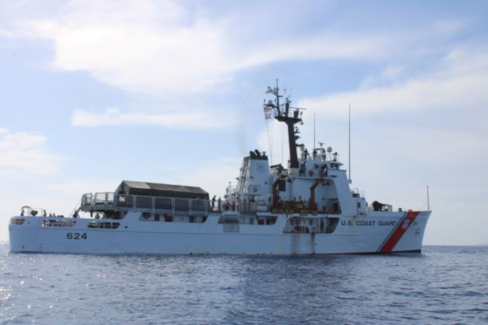 The crew of the U.S. Coast Guard Cutter Dauntless (WMEC 624) patrols the Windward Passage, July 25, 2023. The Dauntless crew returned to their homeport, Aug. 19, 2023, in Pensacola following a 42-day patrol. (U.S. Coast Guard photo by Ensign Olivia Gonzalez)