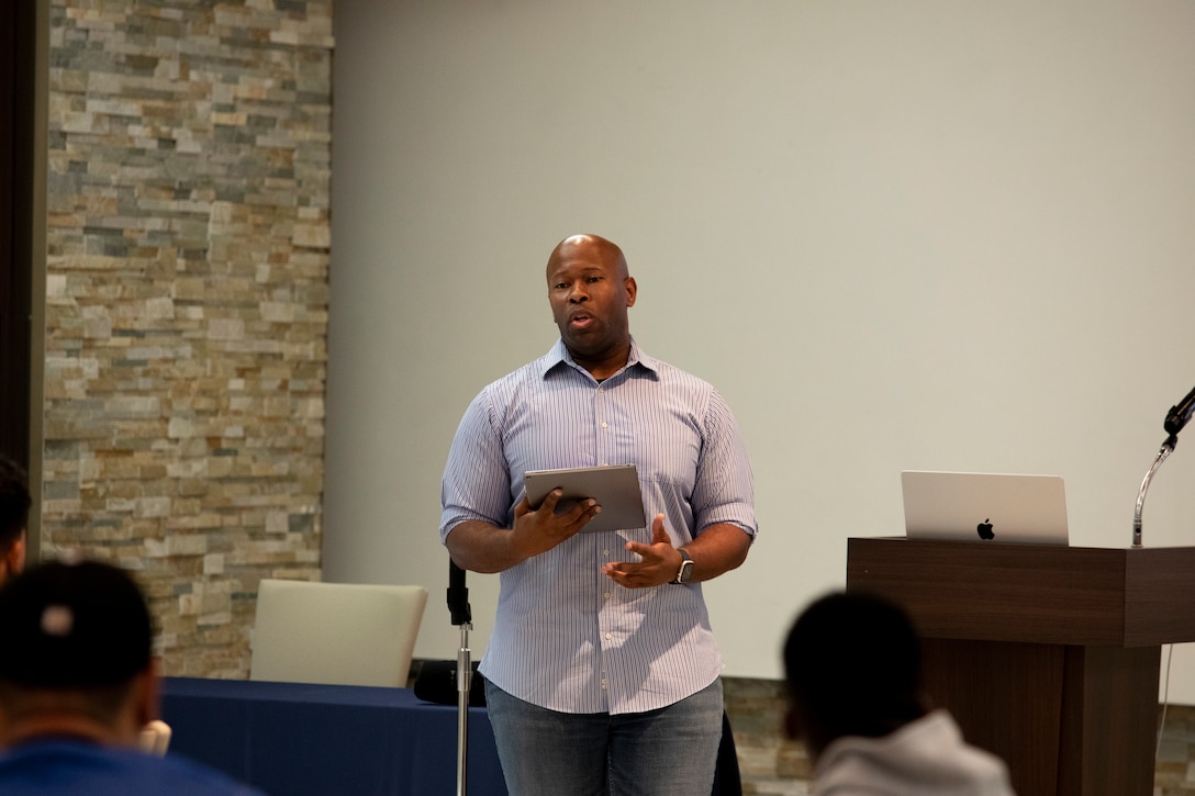 U.S. Navy Lt. Dan Morrison, a chaplain with Headquarters and Headquarters Squadron, Marine Corps Air Station Iwakuni, gives a speech during a personal resiliency retreat at the Grand Prince Hotel, Hiroshima, Japan, July 24, 2023. The event was hosted by the MCAS Iwakuni chapel to strengthen both the leadership and communication skills of service members through interactive seminars and group presentations. (U.S. Marine Corps photo by Lance Cpl. Micah Taylor)