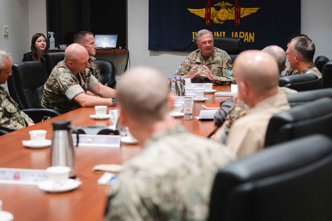 U.S. Air Force Lt. Gen. Ricky Rupp, the commander of U.S. Forces Japan, speaks to Marine Corps Installations Pacific and Marine Corps Air Station Iwakuni leadership about accompanied and unaccompanied housing at MCAS Iwakuni, Japan, July 27, 2023. Lt. Gen. Rupp visited the installation with U.S. Marine Corps Maj. Gen. Stephen Liszewski, the commanding general of Marine Corps Installations Pacific, to better understand the quality of life of on-base personnel, as well as discuss with Japanese officials ways to strengthen the U.S.-Japan alliance (U.S. Marine Corps photo by Cpl. Raymond Tong)