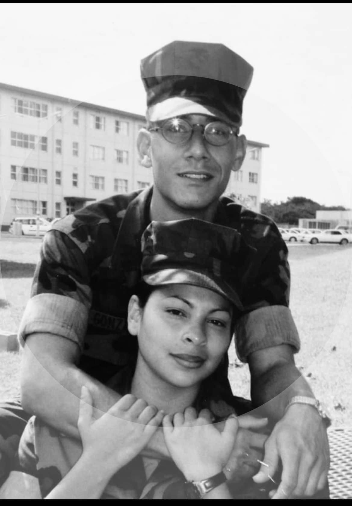 Then U.S. Marine Corps Lance Cpl. Corina Gonzalez and Lance Cpl. Carmelo J. Gonzalez pose for a photo at Okinawa. Gonzalez is a Marine Corps veteran and loving mother who volunteers at numerous organizations throughout MCAS Iwakuni, and has proven to be a diligent and dedicated member of the community. (Courtesy photo by Corina Gonzalez)