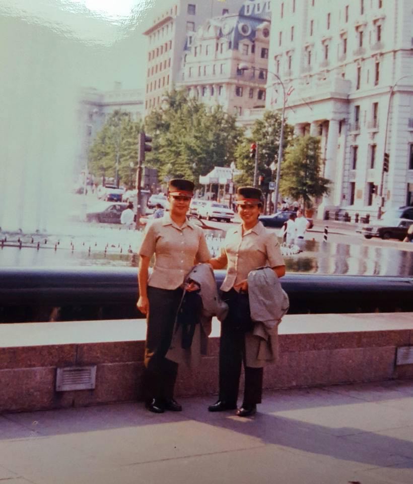 Corina Gonzalez and her sister pose for a photo during their time in the U.S. Marine Corps. Gonzalez is a Marine Corps veteran and loving mother who volunteers at numerous organizations throughout MCAS Iwakuni, and has proven to be a diligent and dedicated member of the community. (Courtesy photo by Corina Gonzalez)