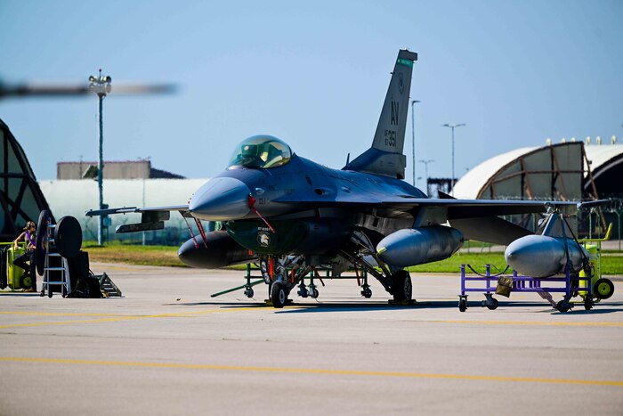 A U.S. Air Force F-16 Fighting Falcon from the 510th Fighter Squadron prepares to fly alongside U.S. Air Force Maj. Gen. Thomas E. Kunkel, NATO Airborne Early Warning and Control Force commander.