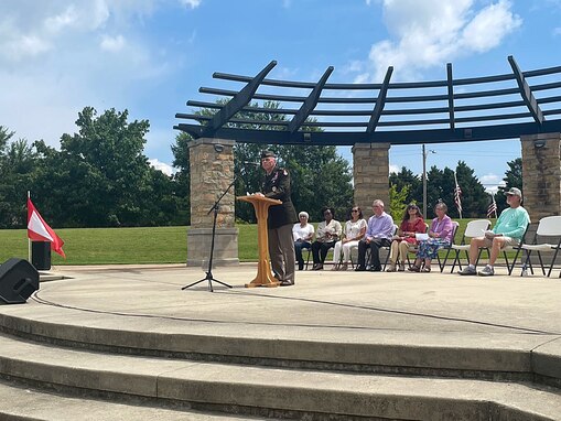 Lt. Gen. Daniel Karbler, commander of the U.S. Army Space and Missile Defense Command, thanks Gold Star Family members who have lost loved ones in their service to the country. Karbler spoke on July 8 during a dedication ceremony for the Decatur/Morgan County Gold Star Families Monument at Founder’s Park in Decatur, Alabama. (U.S. Army photo by Lira B. Frye)