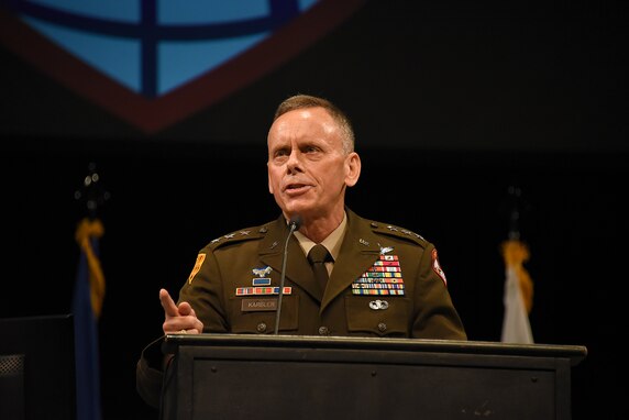 Lt. Gen. Daniel L. Karbler, commanding general of U.S. Army Space and Missile Defense Command, speaks during the keynote address at the 26th Space and Missile Defense Symposium at the Von Braun Center in Huntsville, Alabama, Aug. 8. He focused on how the command ensures space remains a capability for the Soldier, the Army and the nation. (U.S. Army photo by Dottie White)