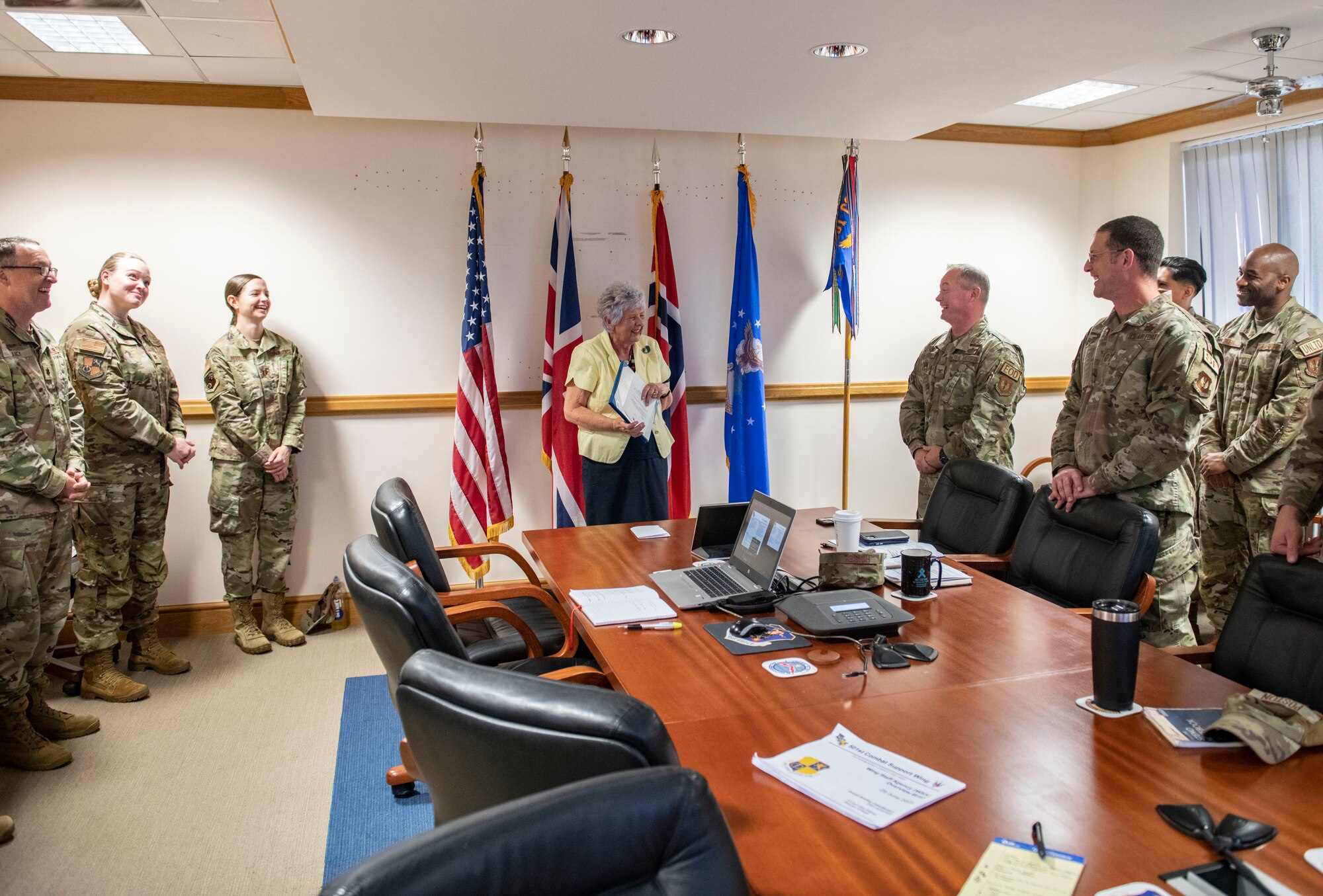 Valarie Lucas, 501st Combat Support Wing british liaison officer, speaks to wing leaders at RAF Alconbury