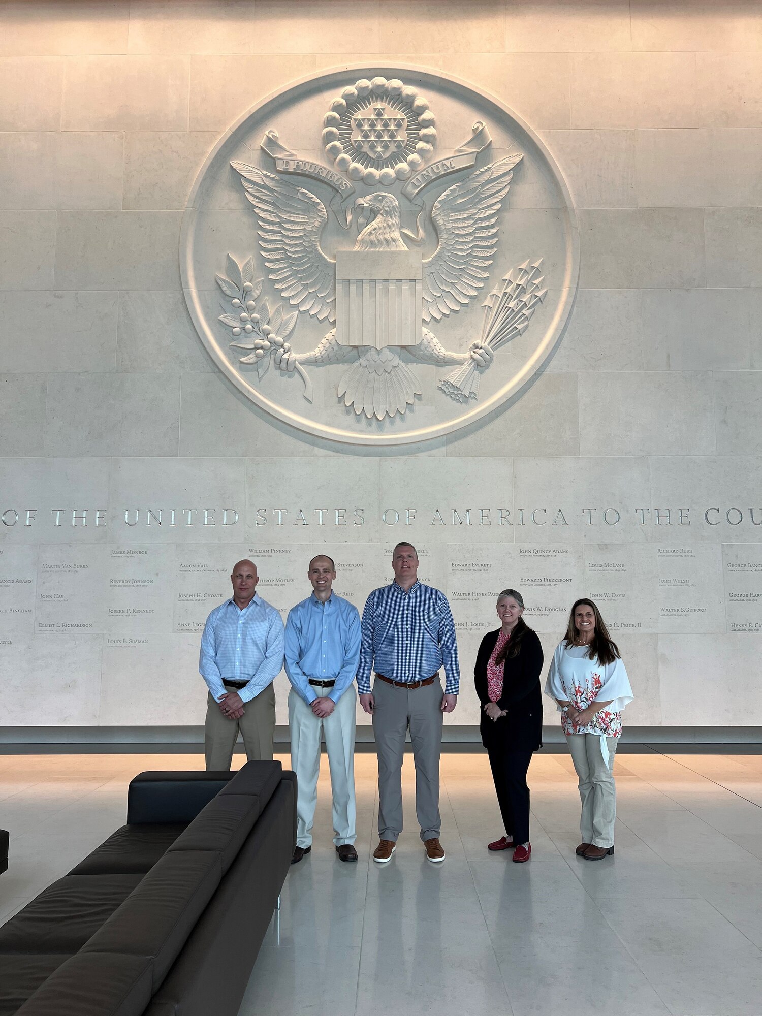 U.S. Air Force Col. Philip Warlick, center, 655th Intelligence, Surveillance and Reconnaissance Wing (ISRW) commander, poses in the U.S. Embassy London lobby on July 11, 2023, with leaders from the 655th ISRW during a Military Reserve Exchange Program visit with Royal Auxiliary Air Force (RAuxAF). (Courtesy Photo)