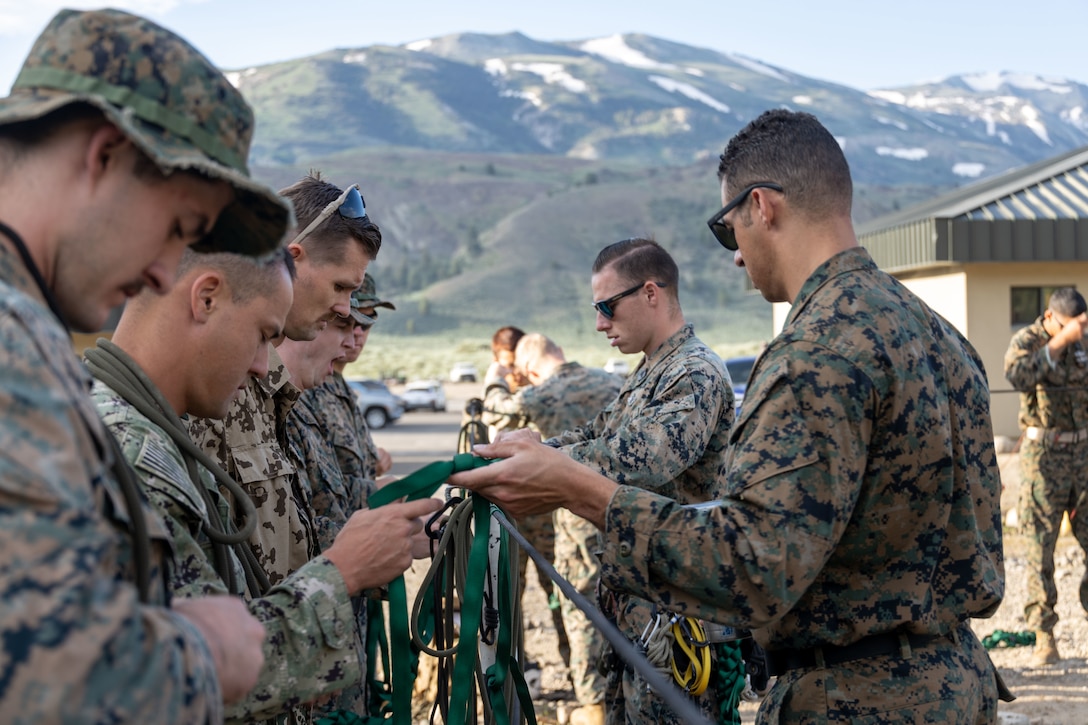 U.S. service members and German Army soldiers learn knot tying techniques during Mountain Medicine (MMED) 1-23 at Marine Corps Mountain Warfare Training Center, Bridgeport, California, July 17, 2023. MMED challenges service members with various medical and technical problems common to mountainous environments in preparation for future conflicts in austere terrain. (U.S. Marine Corps photo by Lance Cpl. Anna Higman)