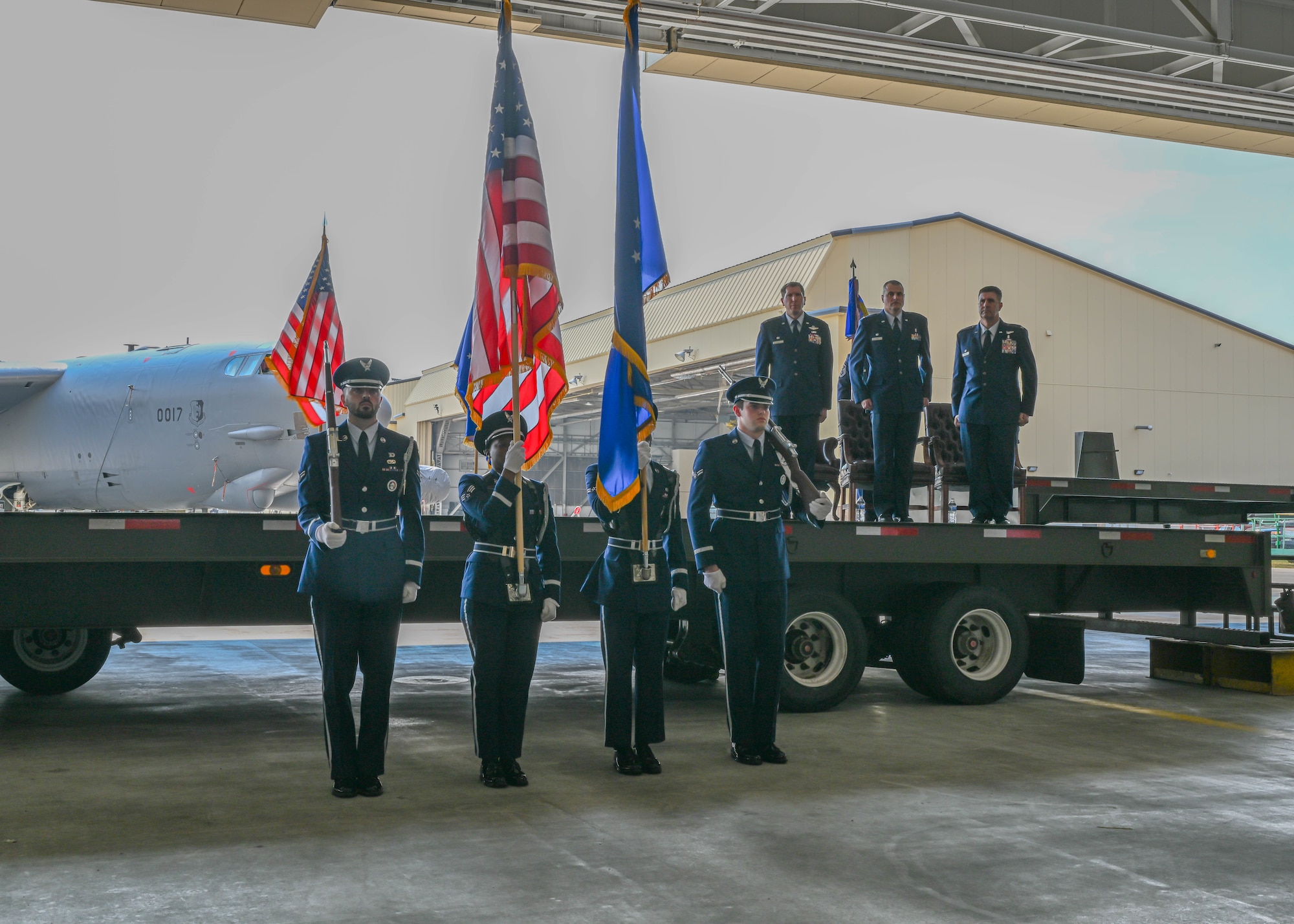 Members of the Minot Air Force Base Honor Guard present the colors during the 5th Medical Group change of command ceremony at Minot Air Force Base, North Dakota, Aug. 18, 2023. The presentation of the colors is a longstanding tradition during change of command ceremonies. (U.S. Air Force photo by Airman 1st Class Kyle Wilson)