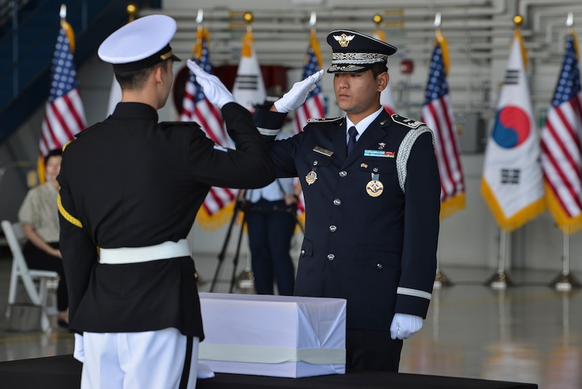 Two service members salute a box containing a set of remains during a repatriation ceremony.