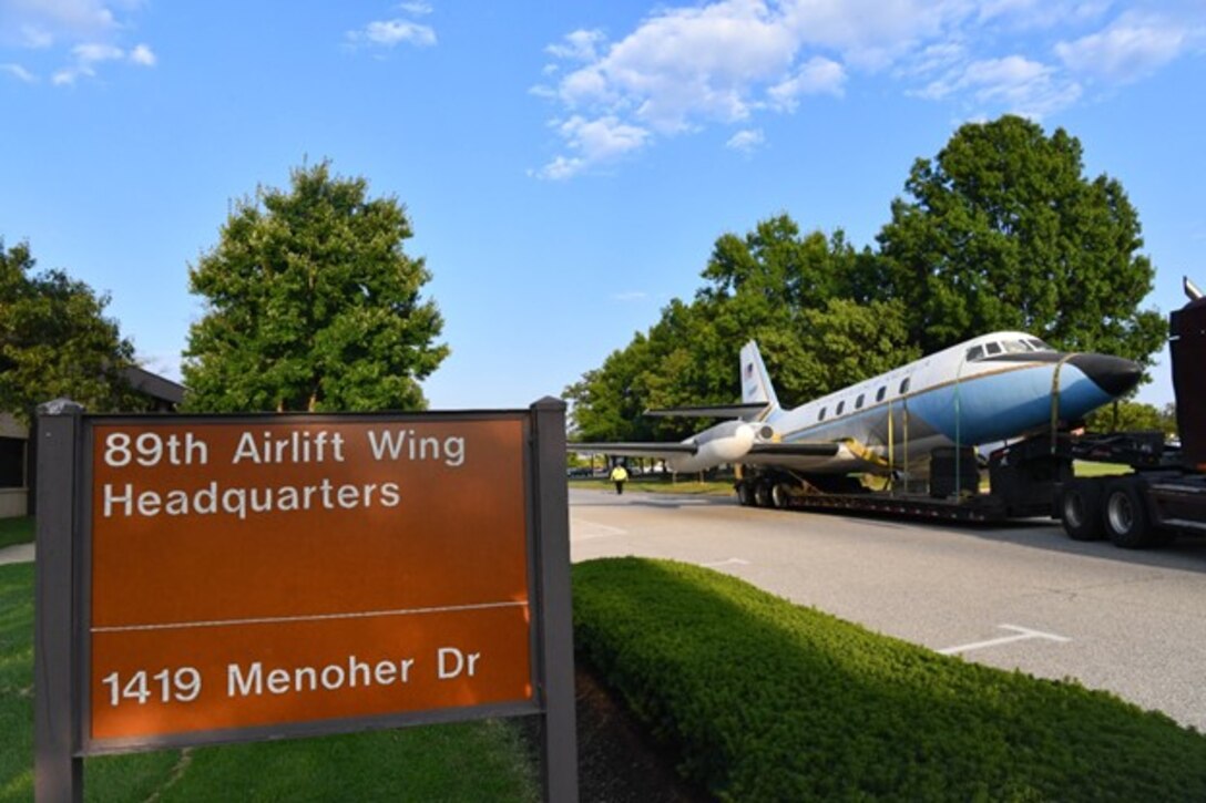 The 316th Civil Engineer Squadron and contract workers relocated a static U.S. Air Force Lockheed JetStar C-140B display aircraft to its new location next to the 89th Airlift Wing headquarters building at Joint Base Andrews, Maryland, August 17-18, 2023. The C-140B aircraft were used for Military Airlift Command personnel transports, and also for 89 AW executive airlift operations where the planes were adorned with the distinctive blue and white with gold trim paint design associated with the Special Air Mission assignment and given the designation of VC-140B. (U.S. Air Force photo by Major Scott Terra)