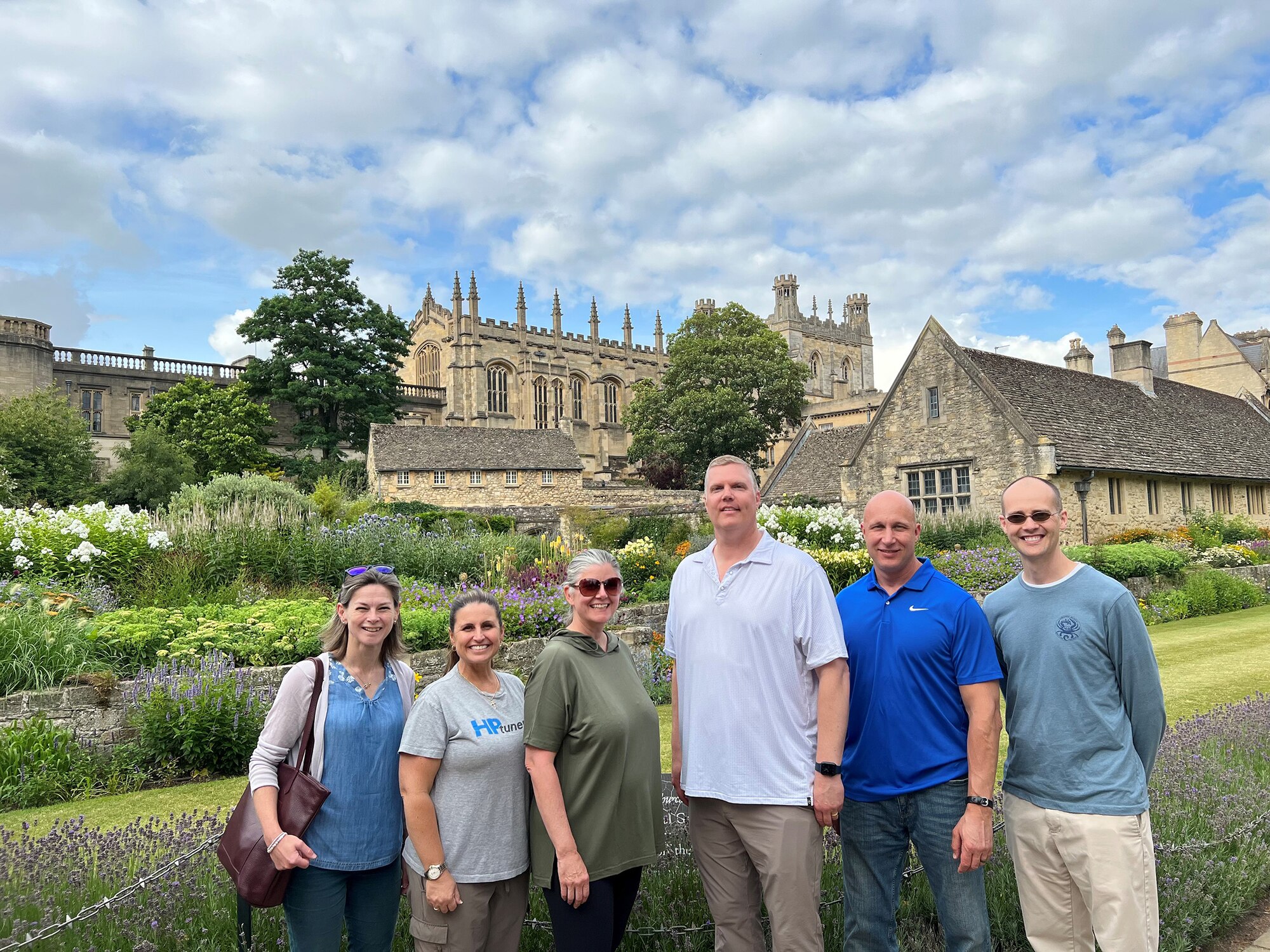 U.S. Air Force Col. Philip Warlick, center, 655th Intelligence, Surveillance and Reconnaissance (ISR) Wing commander, stands with leaders from the 655th ISRW and Royal Auxiliary Air Force (RAuxAF) Reservist and Oxford University graduate in front of the university on July 13, 2023, during a Military Reserve Exchange Program visit with RAuxAF. (Courtesy Photo)