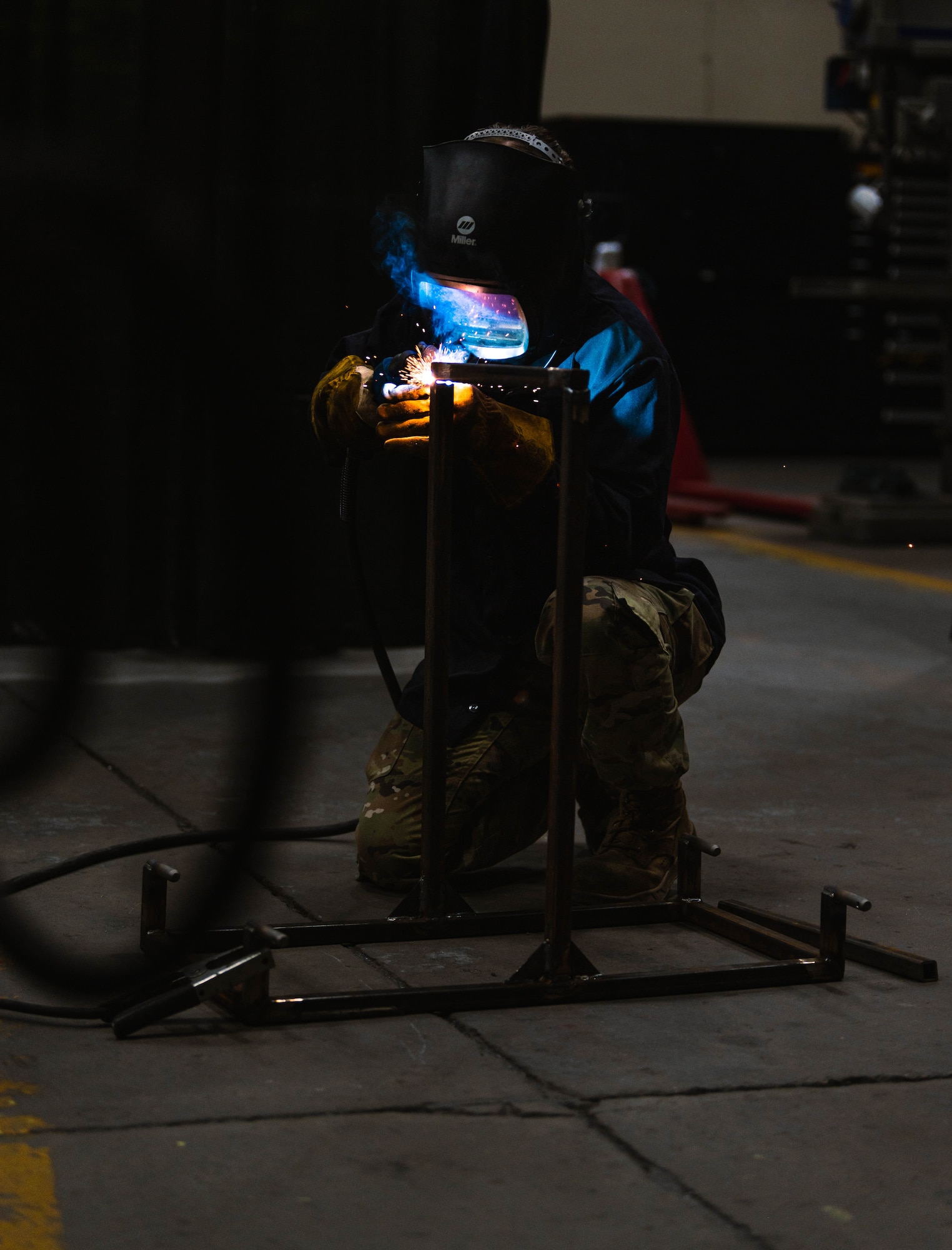 U.S. Air Force Airman 1st Class Kamryn Giddings, 56th Equipment Maintenance Squadron metals technology apprentice, performs metal inert gas welding.