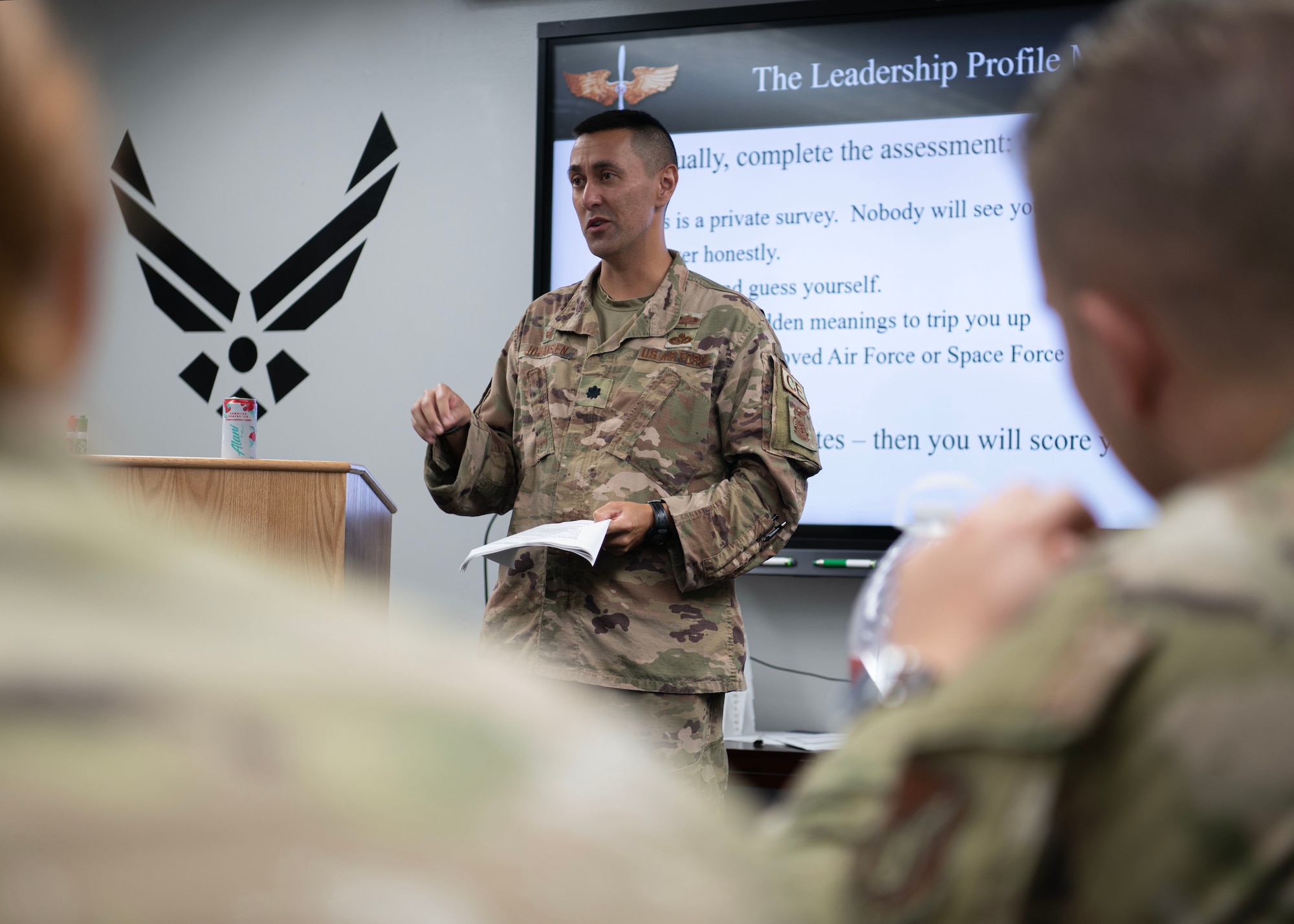 Lt. Col. Marc Johansen, the commander of the 36th Civil Engineer Squadron, teaches a lesson focusing on developing full-range leadership during a flight commander course at Andersen Air Force Base, Guam, Aug. 17, 2023. The goal of the course was to build, refine, and develop company grade officer’s leadership and ability to support the four major roles of command: execute the mission, manage resources, improve the unit, and lead people. (U.S. Air Force photo by Staff Sgt. Aubree Owens)