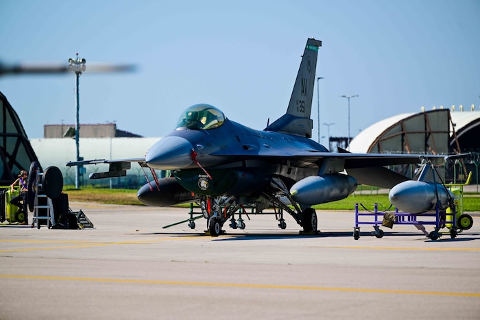 A U.S. Air Force F-16 Fighting Falcon from the 510th Fighter Squadron prepares to fly alongside U.S. Air Force Maj. Gen. Thomas E. Kunkel, NATO Airborne Early Warning and Control Force commander.