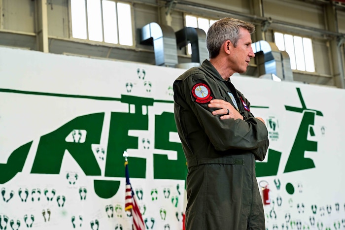 U.S. Air Force Maj Gen. Thomas E. Kunkel, NATO Airborne Early Warning and Control commander, receives tour of the HH-60G Pave Hawk.