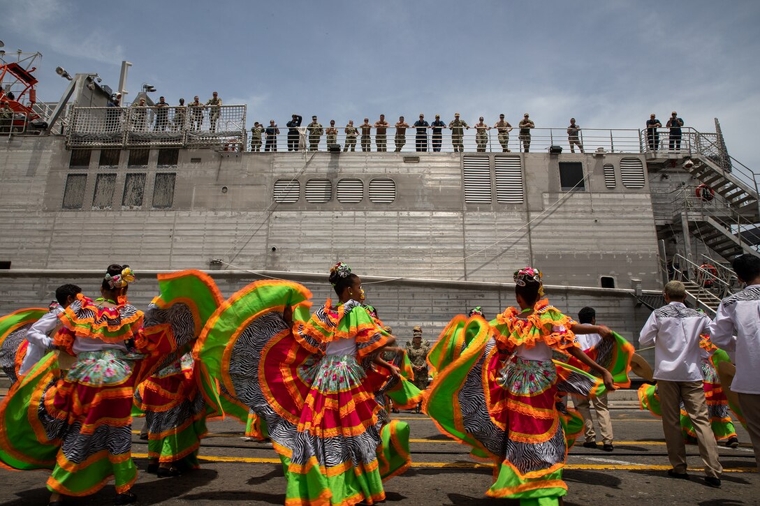 Expeditionary fast transport ship USNS Burlington (T-EFP 10) arrives in Santa Marta, Colombia, Aug. 20, 2023.