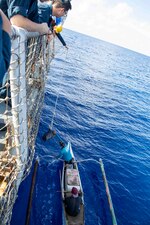 USS Ralph Johnson (DDG 114) provides fresh water and food to a vessel in distress in the South China Sea.