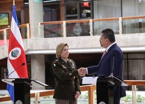 During a press conference, Costa Rican President Rodrigo Chaves and the Commander of U.S. Southern Command, Gen. Laura Richardson, announce a three-year, $9.8 million U.S. funded security assistance initiative that will strengthen Costa Rica’s cyber defense capacity.
