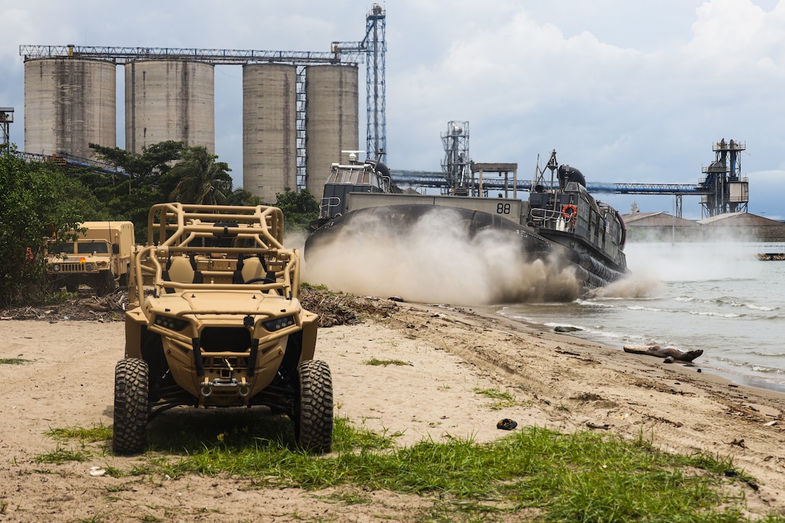 U.S. Navy Landing Craft Air Cushion (LCAC) 88 comes to shore in Coveñas, Colombia, July 8, 2023, during a beach landing exercise for UNITAS LXIV. UNITAS, taking place in Colombia this year, is the world’s longest-running annual multinational maritime exercise that focuses on enhancing interoperability among multiple nations and joint forces during littoral and amphibious operations in order to build on existing regional partnerships and create new enduring relationships that promote peace, stability, and prosperity in the U.S. Southern Command’s area of responsibility. (U.S. Marine Corps photo by Lance Cpl. Mary Kohlmann)