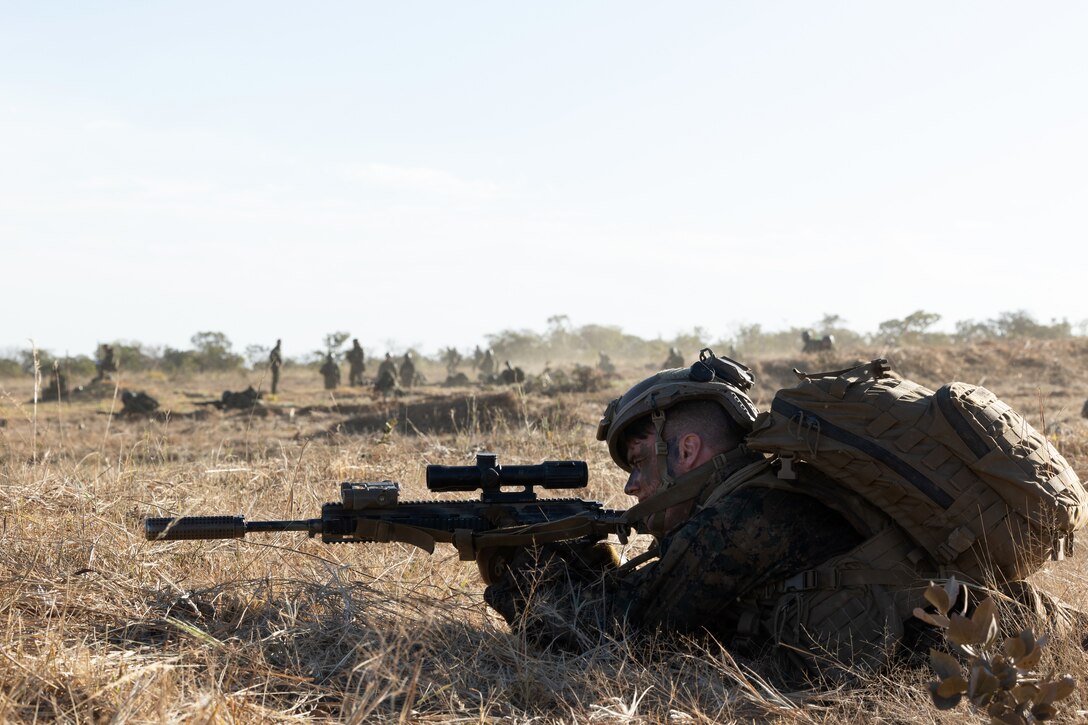 U.S. Marine Corps Lance Cpl. Seth Wilson, rifleman with Echo Company, 2nd Battalion, 5th Marine Regiment, provides cover fire after exiting a Brazilian Amphibious Armored Vehicle for a frontal assault, Aug. 5, 2023, in Formosa, Brazil, during the Corpo de Fuzileiros Navais’ annual Infantry Training Exercise Formosa. Exercise Formosa offers an ideal platform for the armed forces of multiple nations to enhance their interoperability, conduct joint military operations, and exchange invaluable insights on tactics and strategies. With the backdrop of an ever-changing global security landscape, the participation of the United States Marine Corps and militaries from multiple nations shows commitment to regional security and partnership. Wilson is from L'Ance, Michigan.