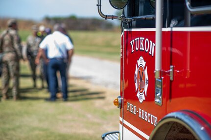 Members of the Oklahoma National Guard's 63rd Civil Support Team train alongside the Yukon Police Department and Yukon Fire Department during an exercise held in Yukon, Oklahoma, Tuesday, Aug. 8, 2023.