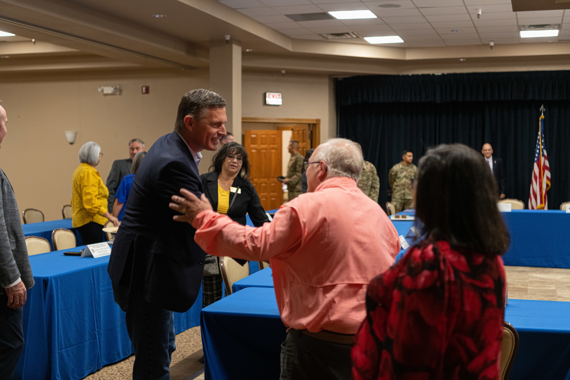 New Mexico Senator Martin Heinrich greets eastern New Mexico community leaders during a visit to Cannon Air Force Base, N.M., Aug. 22, 2023. Lt. Gen. Tony Bauernfeind, Air Force Special Operations Command commander and the 27 Special Operations Wing leadership team hosted a meeting to discuss transforming AFSOC force structure for a fifth power projection wing, greater force development, and growth for Air Commandos with congressional and community leaders. (U.S. Air Force photo by Senior Airman Drew Cyburt)