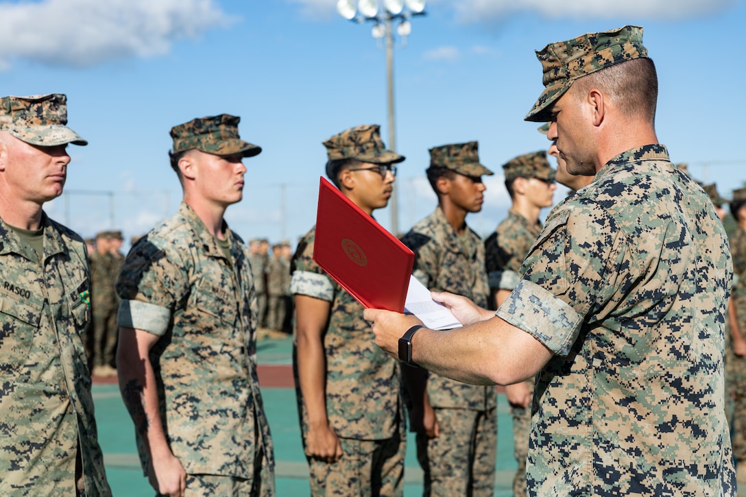 U.S. Marines and Sailors receive awards at Combined Arms Training Center, Fuji, Japan, Aug. 2, 2023. These individuals with 3d Battalion, 12th Marines were awarded for their outstanding achievements during Artillery Relocation Training Program 23.2. (U.S. Marine Corps photo by Lance Cpl. Evelyn Doherty)