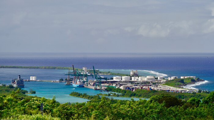 The Port of Guam, as seen from Nimitz Hill on Dec. 13, 2022. The Port of Guam is essential to the security and prosperity of Guam, handling over 1 million tons of cargo and over 300 vessels in 2022. (U.S. Coast Guard photo by Chief Warrant Officer Sara Muir)
