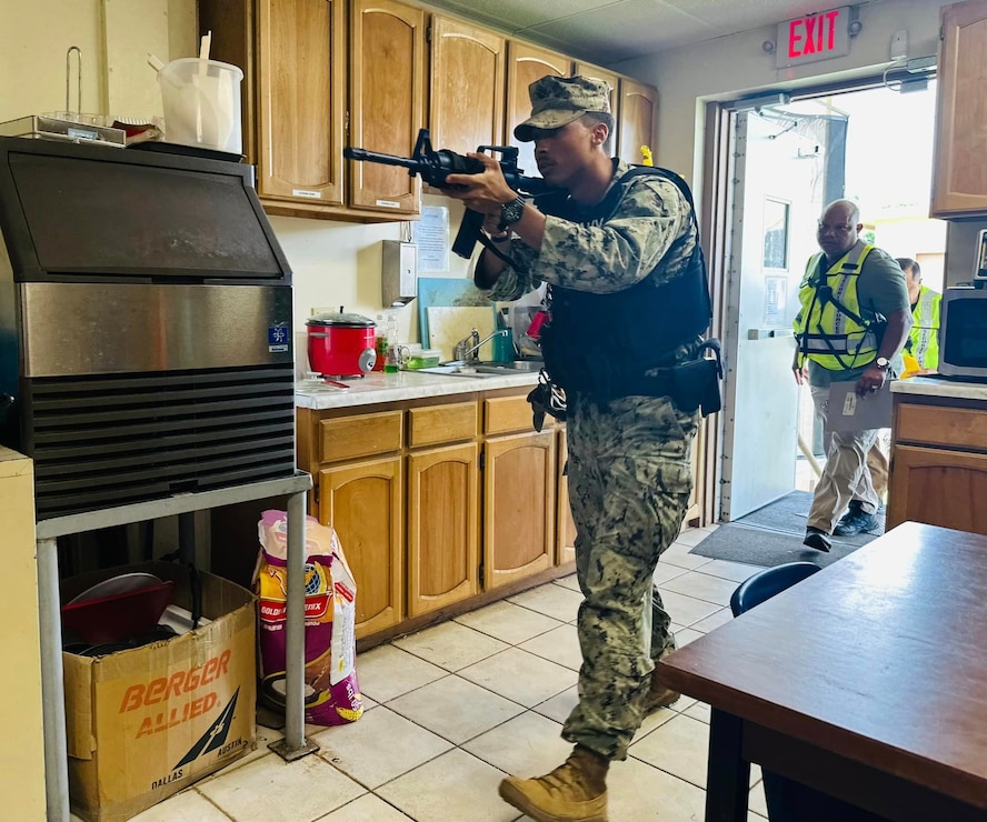PITI, Guam (Aug. 23, 2023) - Personnel from U.S. Naval Base Guam’s (NBG) Navy Security Forces (NSF) simulated an active shooter at the Sasa Valley Fuel Farm in Piti, Aug. 23.
