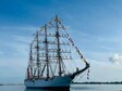 NAVAL BASE GUAM (Aug. 16, 2023) – The Peruvian Navy Training Tall Ship, B.A.P. Unión (BEV 161) arrived at Apra Harbor, U.S. Naval Base Guam Aug. 16. Unión Sailors manned the rails and stood along the masts of the ship, singing both the U.S. and Peruvian anthems. Cultural dancers and singers from Guma Ma Higa also welcomed the ship with the traditional CHamoru Saina. Unión set sail from her homeport in Callao, Peru in June, beginning their circumnavigation and international training deployment 2023-2024