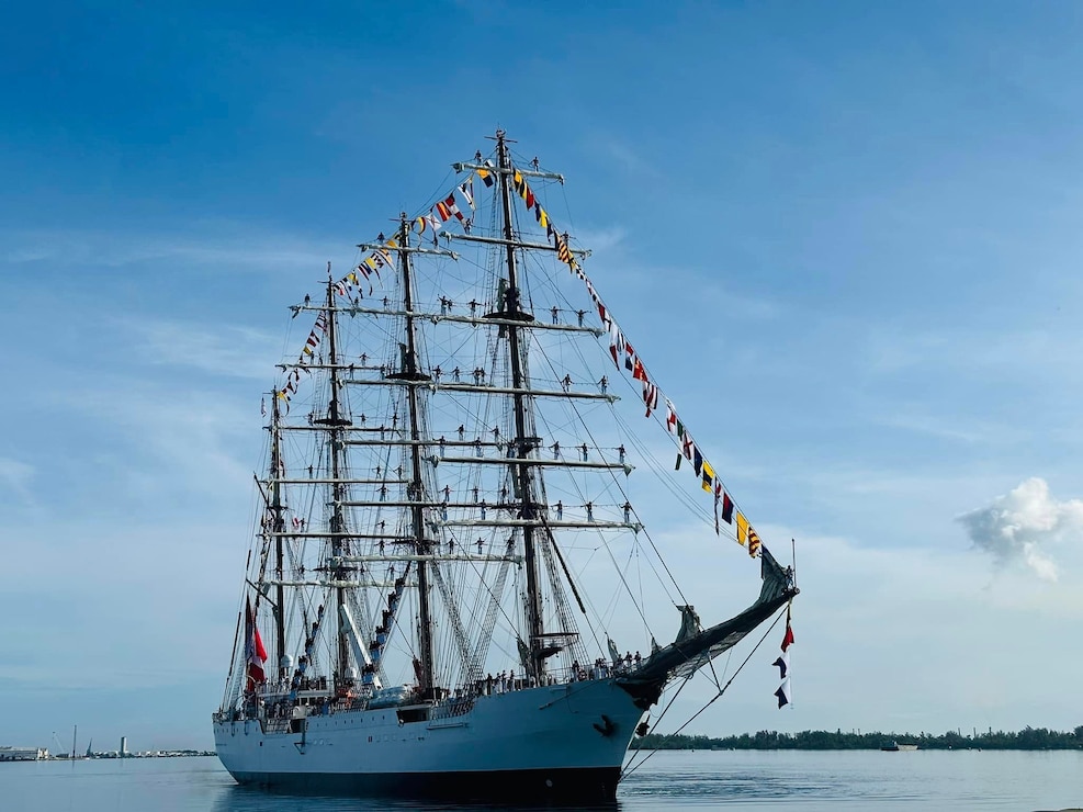 NAVAL BASE GUAM (Aug. 16, 2023) – The Peruvian Navy Training Tall Ship, B.A.P. Unión (BEV 161) arrived at Apra Harbor, U.S. Naval Base Guam Aug. 16. Unión Sailors manned the rails and stood along the masts of the ship, singing both the U.S. and Peruvian anthems. Cultural dancers and singers from Guma Ma Higa also welcomed the ship with the traditional CHamoru Saina. Unión set sail from her homeport in Callao, Peru in June, beginning their circumnavigation and international training deployment 2023-2024