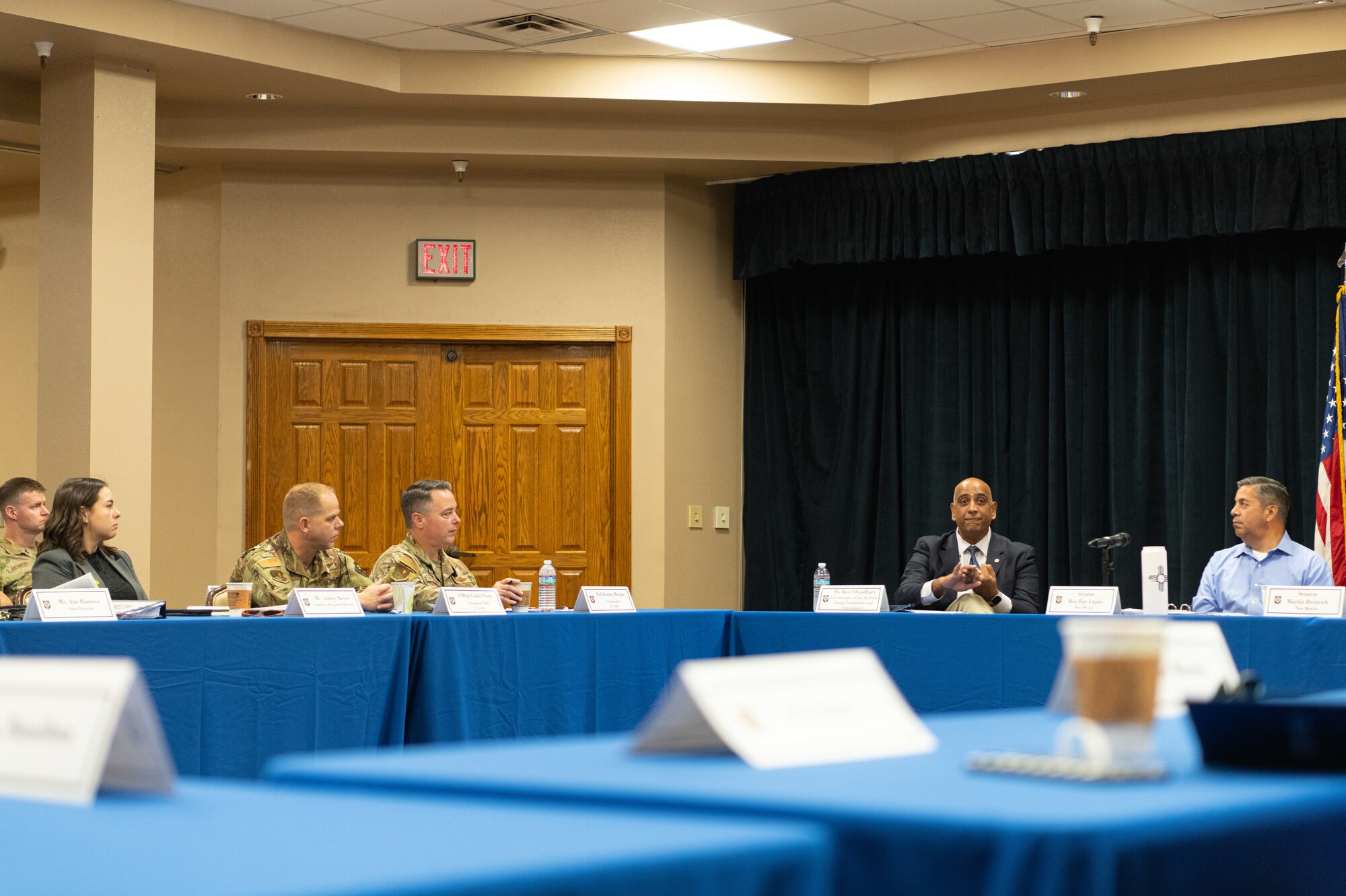 The Honorable Dr. Ravi Chaudhary, Assistant Secretary of the Air Force for Energy, Installations and Environment, speaks during a discussion with community leaders at Cannon Air Force Base, N.M., Aug. 22, 2023. Lt. Gen. Tony Bauernfeind, Air Force Special Operations Command commander and the 27 Special Operations Wing leadership team hosted a meeting to discuss transforming AFSOC force structure for a fifth power projection wing, greater force development, and growth for Air Commandos with congressional and community leaders. (U.S. Air Force photo by Senior Airman Drew Cyburt)