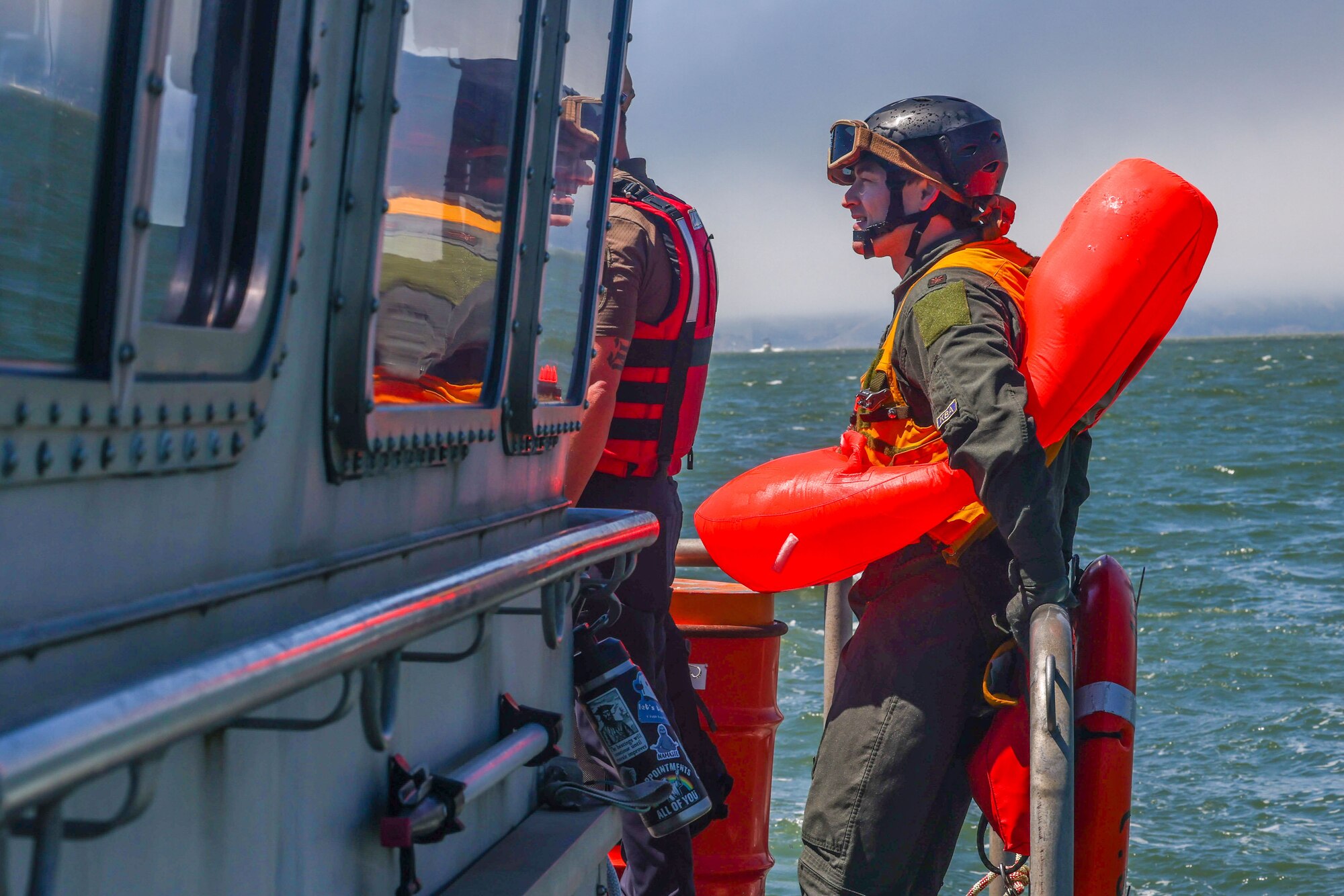 U.S. Air Force Maj. Alexander Jobrack, Flight Doctor, 9th Operational Medical Readiness Squadron, recovers after his section of the Search and Rescue Exercise (SAREX) in the San Francisco Bay, California on Aug. 17, 2023.