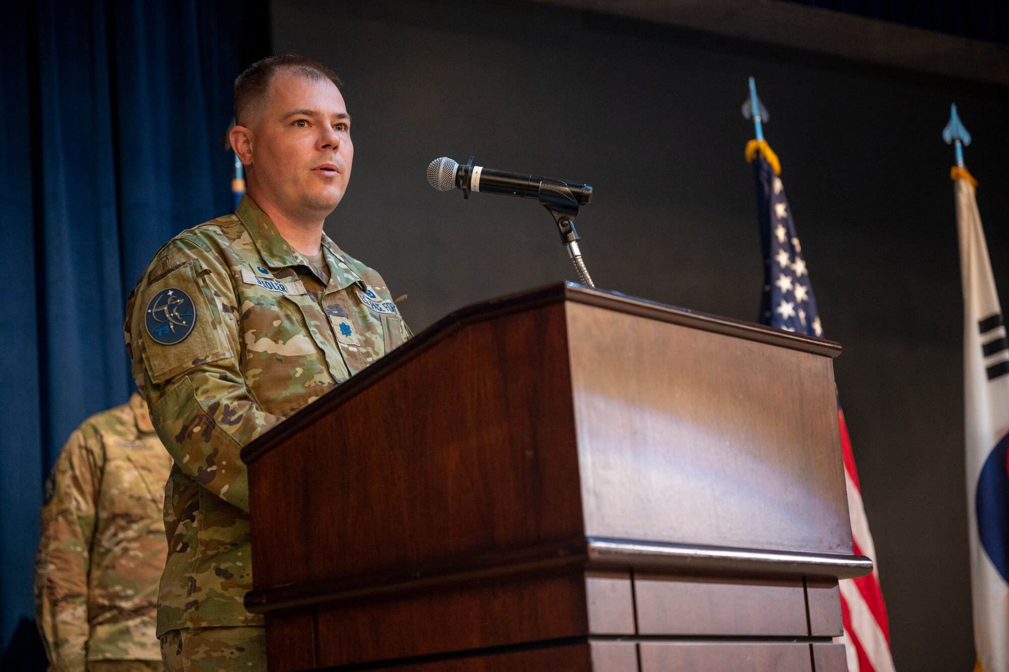 U.S. Space Force Lt. Col. Christopher Seidler, 73rd Intelligence, Surveillance and Reconnaissance Squadron commander, delivers a speech during an assumption of command ceremony at Osan Air Base, Republic of Korea, Aug. 23, 2023. During the ceremony, Maj. Calvin Singh took command of the 73rd ISRS, Detachment 2 to execute the mission in the U.S. Indo-Pacific theater. (U.S. Air Force photo by Senior Airman Aaron Edwards)