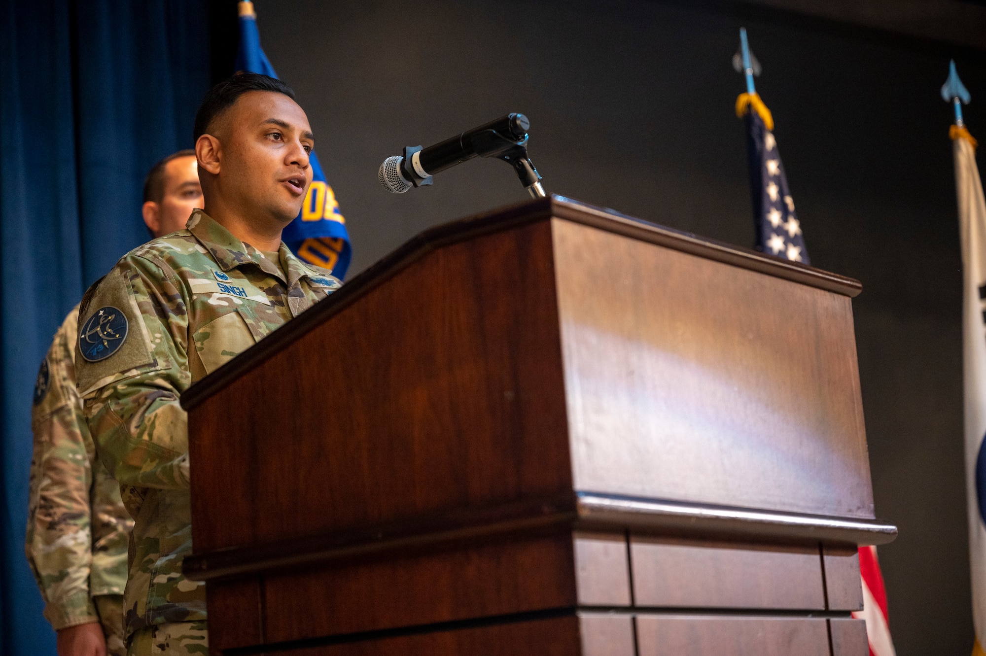U.S. Space Force Maj. Calvin Singh, 73rd Intelligence, Surveillance and Reconnaissance Squadron, Detachment 2 commander, gives his first speech to his detachment during an assumption of command ceremony at Osan Air Base, Republic of Korea, Aug. 23, 2023. The 73rd ISRS employs a variety of sensors across the globe operated by ISR professionals, enabling the Space Force to gain and maintain space superiority. (U.S. Air Force photo by Senior Airman Aaron Edwards)