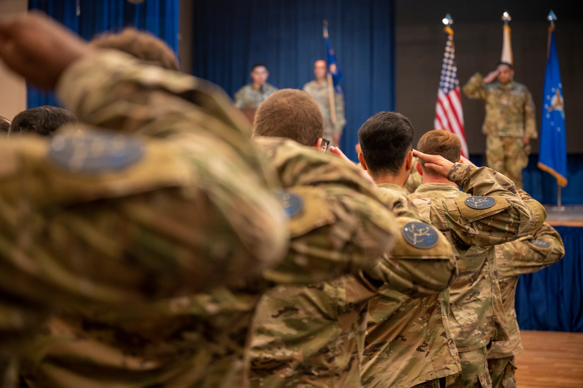 U.S. Space Force Maj. Calvin Singh, 73rd Intelligence, Surveillance and Reconnaissance Squadron, Detachment 2 commander, renders his first salute to his detachment during an assumption of command ceremony at Osan Air Base, Republic of Korea, Aug. 23, 2023. The 73rd ISRS employs a variety of sensors across the globe operated by ISR professionals, enabling the Space Force to gain and maintain space superiority. (U.S. Air Force photo by Senior Airman Aaron Edwards)