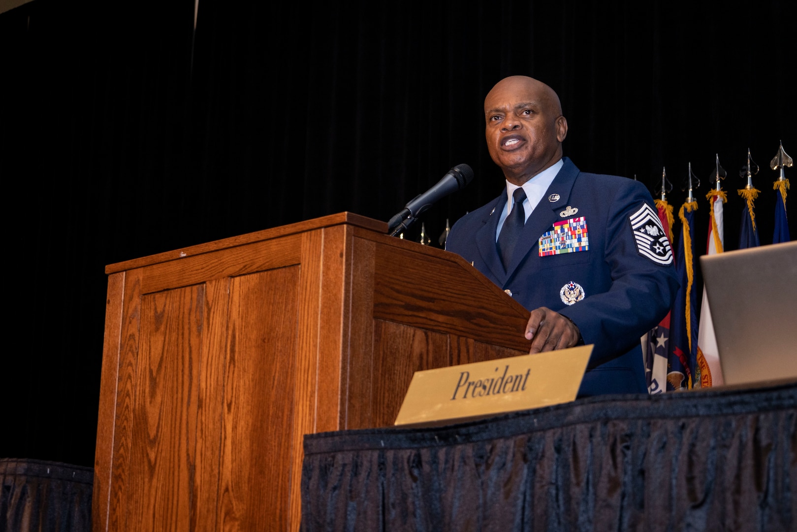 Senior Enlisted Advisor Tony L. Whitehead, the National Guard's top enlisted leader, addresses the second business session of the 52nd Annual Conference of the Enlisted Association of the National Guard of the United States at the Mayo Civic Center, Rochester, Minnesota, Aug 14, 2023.