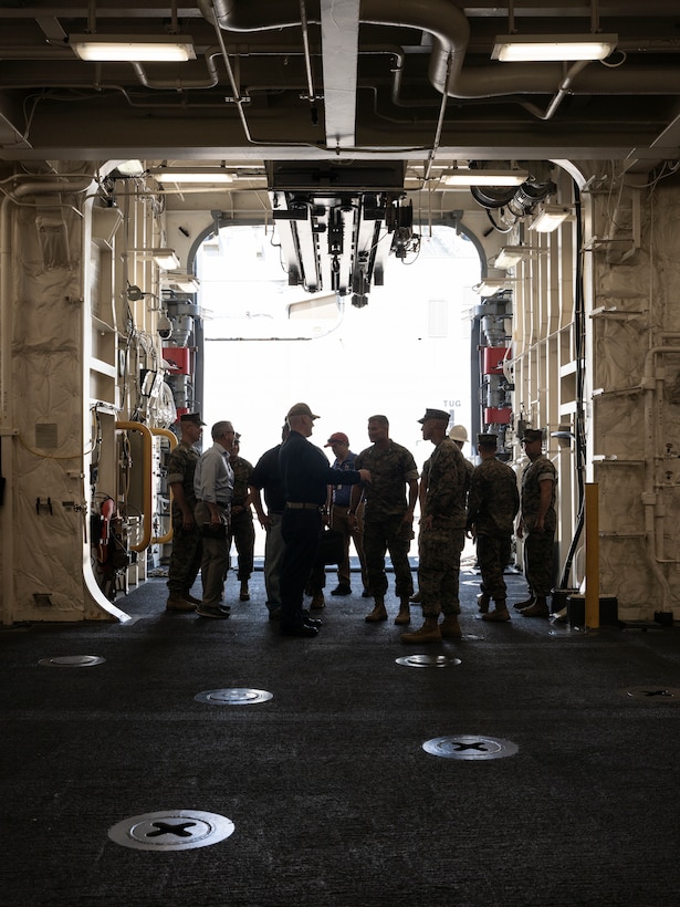 U.S. Marine Corps Col. Matthew Good, Deputy Commander of Fleet Marine Force, Atlantic, Marine Forces Command, Marine Forces Northern Command (MARFORCOM), integrates with U.S. Navy personnel aboard the amphibious assault ship USS Fort Lauderdale (LPD 28) at Naval Station Norfolk, Virginia, August 18, 2023. Marines with FMFLANT, MARFORCOM, MARFOR NORTHCOM familiarized themselves with Maritime Defense Security Cooperation Agency capability in support of hurricane response. (U.S. Marine Corps photo by Sgt. Hannah Adams)